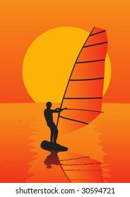 Illustration of the sportsman on windsurfing against a solar disk
