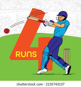 Illustration of sportsman playing Cricket. cricket shot 4 runs.