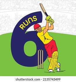 Illustration of sportsman playing Cricket. cricket shot 6 runs.