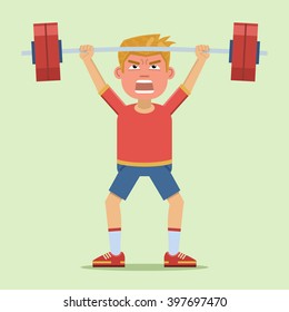 Illustration of a sportsman training with a barbell. Physical exercises, workout, weight lifting, sport, healthy lifestyle. Flat style vector illustration