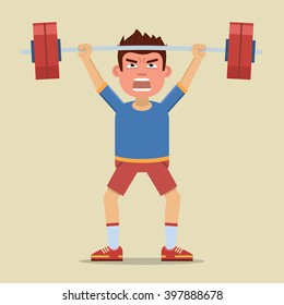 Illustration of a sportsman training with a barbell. Physical exercises, workout, weight lifting, sport, healthy lifestyle. Flat style vector illustration