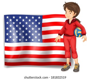Illustration of a sporty girl and the flag of the USA on a white background