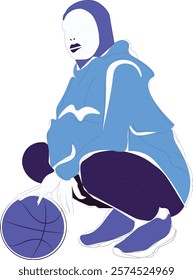 Illustration of a sporty hijabi girl wearing a hoodie, crouching with a basketball, symbolizing empowerment and active lifestyle. The design focuses on inclusivity and athleticism.