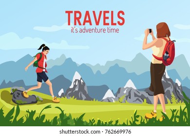 Illustration with a sporty woman running with backpack and other woman taking picture of mountains landscape. Outdoor activity. Adventure time poster. Vector flat web banner. People in nature.