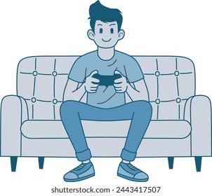 Illustration von Spot-Mann, der Videospiel spielt, sitzt im Sofa. Handgezeichneter Stil