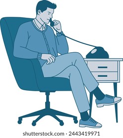 Illustration of spot man taking a call, sitting in chair, hand drawn illustration