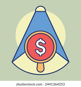 An illustration of a spotlight shining down on a large dollar sign, emphasizing the significance of money and financial matters