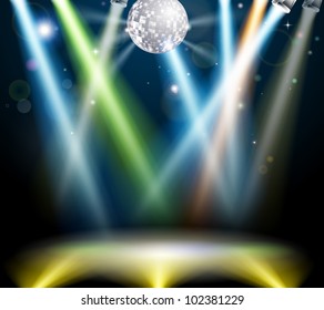 Illustration of a spotlit disco dance floor with mirror ball or disco ball