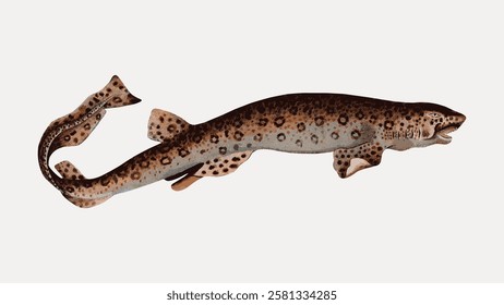 Illustration of a spotted, elongated fish with a long tail and fins. The fish has a brown and beige pattern, resembling a prehistoric aquatic creature. Vintage fish illustration isolated, vector.