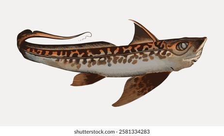 Illustration of a spotted fish with a long tail and fins. The fish features a unique pattern and elongated body. Spotted fish with distinct fins and tail. Vintage fish illustration isolated, vector.