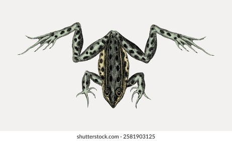 Illustration of a spotted frog with outstretched legs. The frog's detailed spots and unique limb positioning are prominent. Vintage frog art with intricate design. Vintage animal illustration vector.