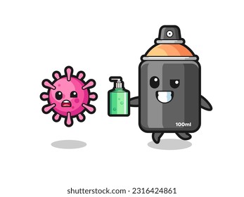 illustration of spray paint character chasing evil virus with hand sanitizer , cute style design for t shirt, sticker, logo element