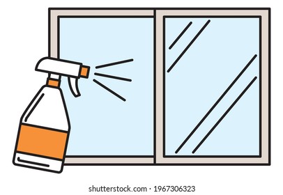 Illustration of spraying detergent on a window to clean it