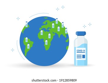 Ilustración de la propagación de la vacuna contra el coronavirus en todo el mundo. Un frasco de inyección y un globo. Distribución de la vacuna COVID-19 en todo el mundo. Vector de estilo plano