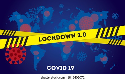 Illustration of the spread of the second wave coronavirus COVID-19 around the world. Epidemic on the world map. Vector illustration.