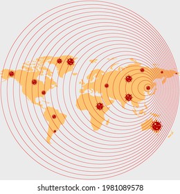 Illustration of the spread of the virus around the world. Coronavirus distribution map. Distribution of the new coronavirus COVID-19 on the map. Covid19 is distributed worldwide. Vector illustration