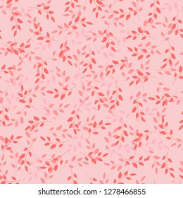 Illustration of sprigs arranged irregularly in shades of red and pink. Stylish repeating graphic pattern with plant silhouettes. Vector seamless pattern great for fabric. Surface repeat design.