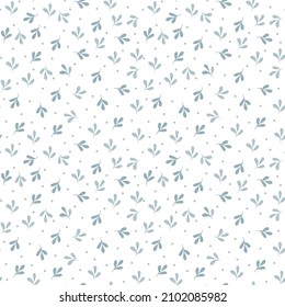 Illustration of sprigs arranged irregularly in shades of blue. Stylish repeating graphic pattern with plant silhouettes. Vector seamless pattern great for fabric. Surface repeat design.