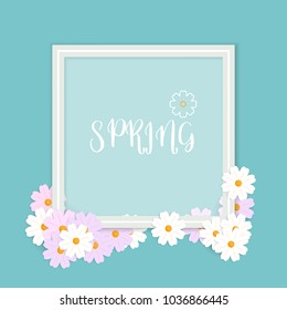 illustration of spring background flowers with border on green background