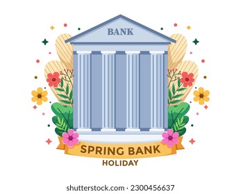 Illustration of Spring Bank Holiday with colorful floral elements surrounding a bank building.
Spring Bank Holiday is UK public holiday celebrated on the last Monday of May.