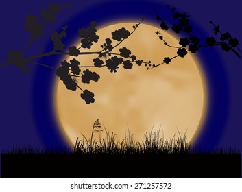 illustration with spring blossoming branch of cherry tree at full moon