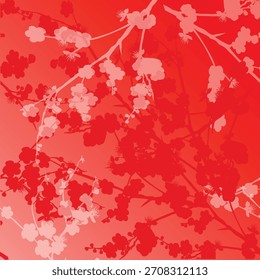Ilustración con las ramas que florecen de primavera Fondo rojo