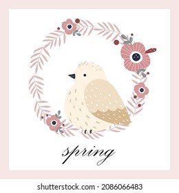 Illustration spring card of a cute pink bird with frame of flowers, twigs and leaf in cartoon hand drawn style for design, sticker, print, invitation, postcard  