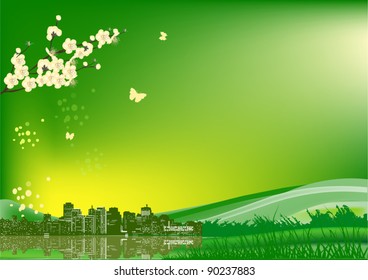 illustration with spring city and cherry tree flowers