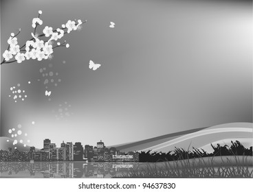 illustration with spring city landscape