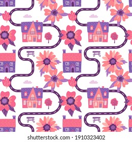 Illustration of spring city map with cute small housea and big flowers. Cartoon pink Seamless pattern with road and buildings