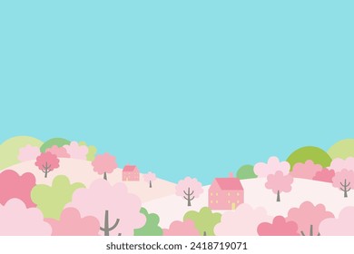Ilustración de un paisaje urbano primaveral con flores de cerezo