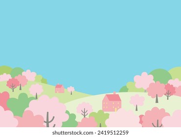 Illustration of a spring cityscape with cherry blossoms