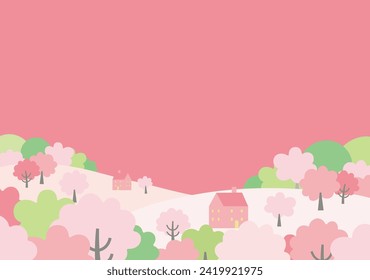 Illustration of a spring cityscape with cherry blossoms