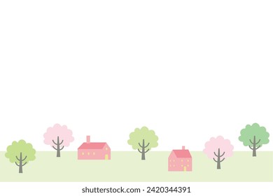 Illustration of a spring cityscape with cherry blossoms