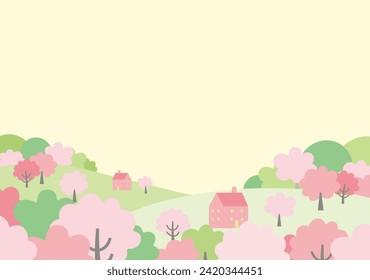 Illustration of a spring cityscape with cherry blossoms
