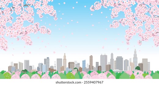 Illustration of a spring cityscape with cherry blossoms in bloom.