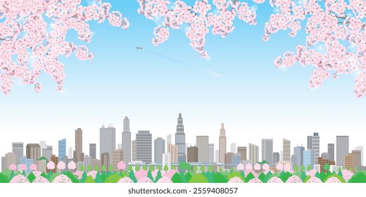 Illustration of a spring cityscape with cherry blossoms in bloom.