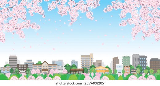 Illustration of a spring cityscape with cherry blossoms in bloom.