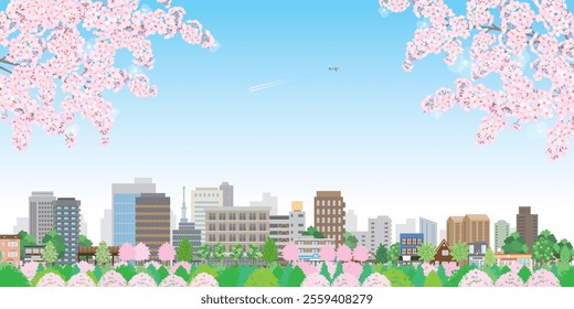 Illustration of a spring cityscape with cherry blossoms in bloom.