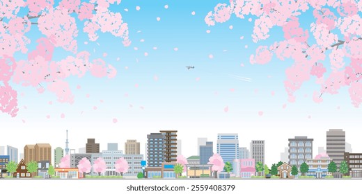 Illustration of a spring cityscape with cherry blossoms in bloom.