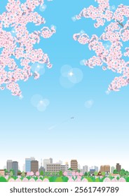 Illustration of a spring cityscape with cherry blossoms in bloom.