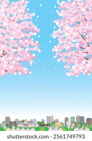 Illustration of a spring cityscape with cherry blossoms in bloom.