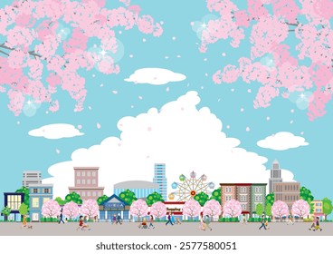 Illustration of a spring cityscape with cherry blossoms in bloom. Illustration of people walking down the street.