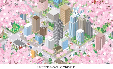 Illustration of a spring cityscape with cherry blossoms in bloom.