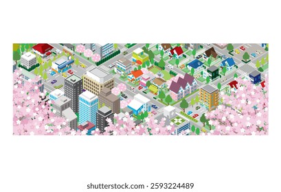 Illustration of a spring cityscape with cherry blossoms in bloom. Isometric drawing.