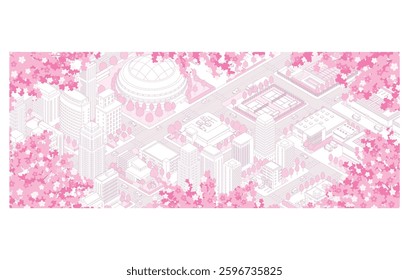 Illustration of a spring cityscape with cherry blossoms in bloom. Isometric drawing.