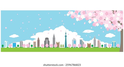Illustration of a spring cityscape with cherry blossoms in bloom.