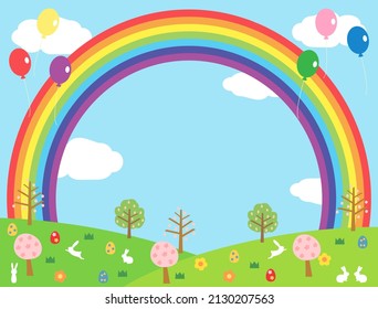 It is an illustration of a spring field with the image of Easter.