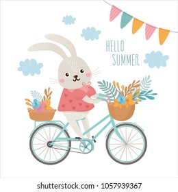 Illustration with spring flowers, funny rabbits characters on a bike. Romantic summer composition. Good for invitations, banners, greeting card.