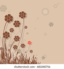 Illustration of spring flowers with grass on brown background